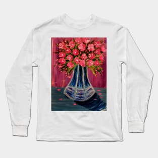 Pink and white abstract flowers in a blue glass vintage vase Long Sleeve T-Shirt